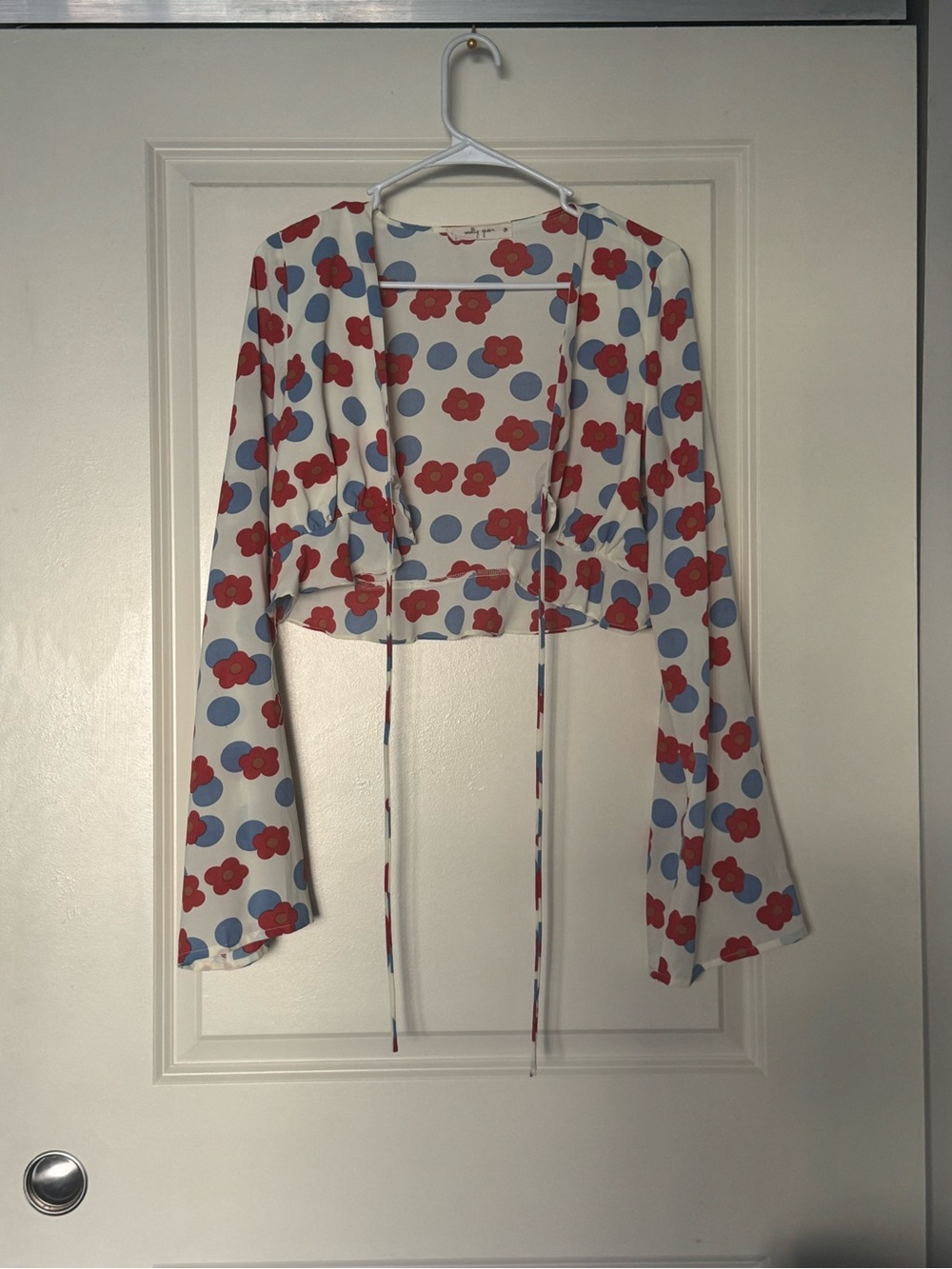 Floral Tie-Front Crop Top in White with Red and Blue Print
